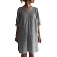 thumbnail image 1 of QUYUON Womens Cotton Linen Dresses Summer 3/4 Sleeve V-Neck Casual Blouse Tops Shirt Dresses Solid Color Linen Dress for Women Loose Fit T-Shirt Beach Sundress Style D-3835 Gray M, 1 of 9