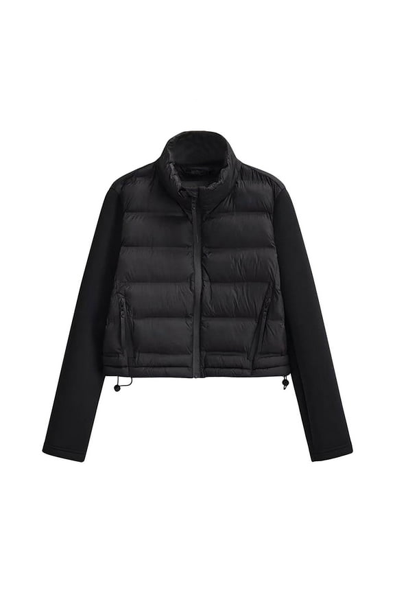 Womens Cropped Quilted Puffer Jacket Winter Warm Outerwear Down Coat Stand Collar Long Sleeve Full Zip up Crop Jackets with Zipper Pockets Short Padded Coat Style C-31 Black S