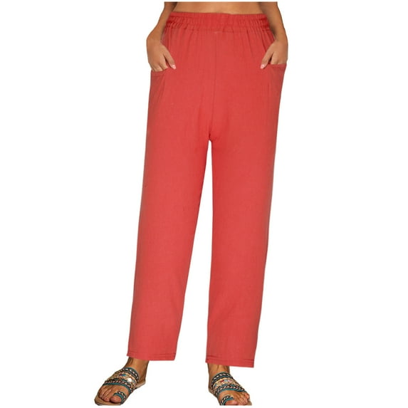 QUYUON Womens Dress Pants for Work Fashion Casual Summer Solid Color Loose Full Length Pants High Waisted Dress Pants for Women Long Pant Leg Length Cargo Pant Style N-1296 Red M