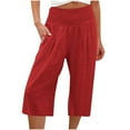 thumbnail image 1 of QUYUON Womens Elastic Waist Capris with Pockets High Waisted Yoga Capris Cotton Lined Wide Leg Copped Pants Solid Color Capris for Women Casual Summer Clearance Beach Short Pants P8 Watermelon Red M, 1 of 5