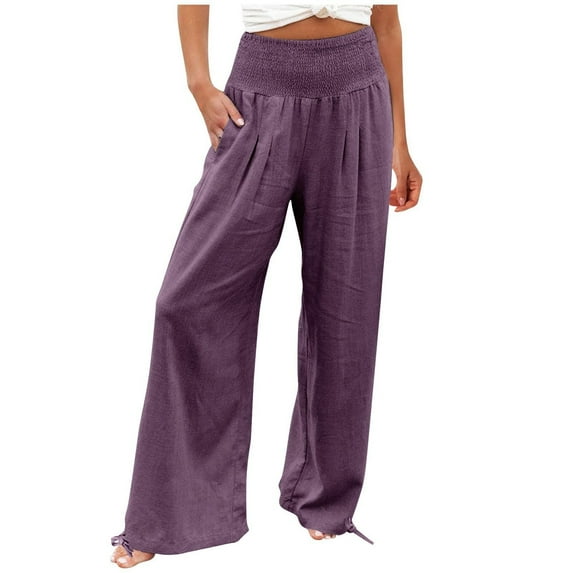 QUYUON Womens Elastic Waist Long Pants Casual Summer Loose Comfy Wide Leg Pants with Pockets Full Length Pants High Waisted Hiking Pants Trouser Lounge Pants Style P-559 Purple M
