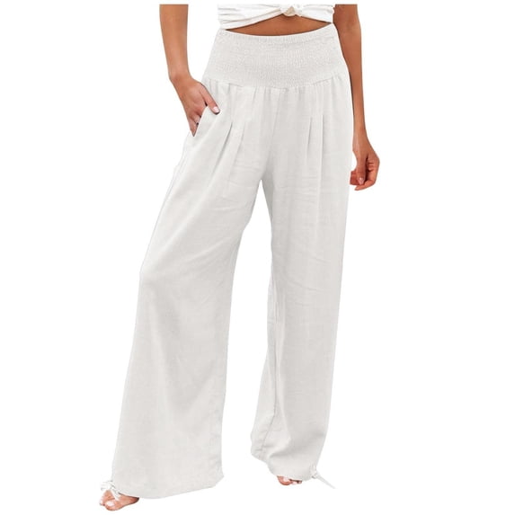 QUYUON Womens Elastic Waist Long Pants Casual Summer Loose Comfy Wide Leg Pants with Pockets Full Length Pants High Waisted Hiking Pants Trouser Lounge Pants Style P-572 White S