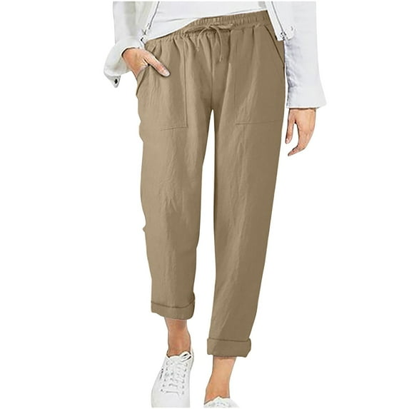 QUYUON Womens Elastic Waist Pants Clearance Solid Color Drawstring High Waist Pocket Loose Plus Size Cotton Casual Pants Lounge Pants Women Full Length Pant Leg Casual Style P3329 Khaki XL