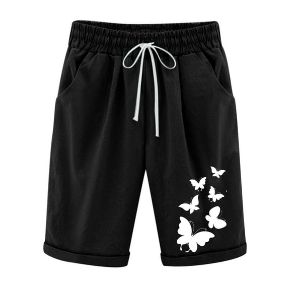 QUYUON Womens Elastic Waist Shorts Women's Plus Size Graphic Print Drawstring Shorts Bermuda Shorts for Women Knee Length Linen Shorts Pants Casual Loose Lounge Shorts Style S-38 , Black XXL
