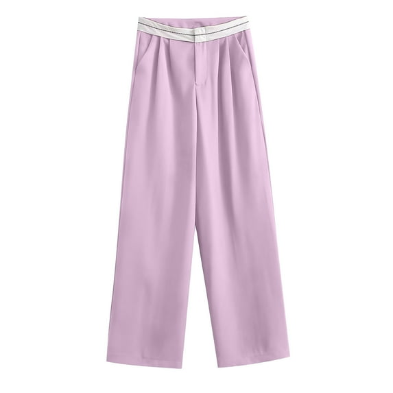 QUYUON Womens Flowy Pants Deals Summer Elastic Waist Color Wide Leg Loose Home Long Pants Women Linen Pants Full Length Pant Leg Workwear Style P4627 Purple S