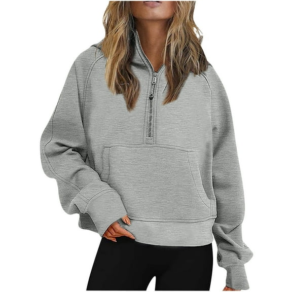 QUYUON Womens Half Zip Cropped Pullover Sweatshirts Casual Long Sleeve Shirts Quarter Zip Fleece Hoodies with Pockets Soft Lightweight Pullover Sweatshirts Blouse Tops Winter Sweater Gray L
