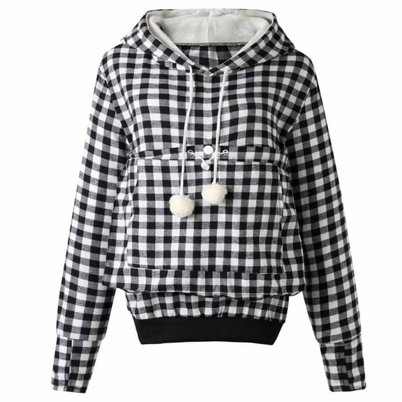 QUYUON Womens Hooded Fleece Lined Sweatshirts Plaid Printed Front Big Pockets Hoodie Pullover Tops Fuzzy Warm Casual Comfy Loose Long Sleeve Winter Hoodies Sweater Outerwear Black XXL