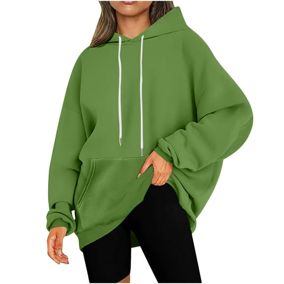 QUYUON Womens Hooded Sweatshirts Casual Long Sleeve Crew Neck Hoodies Pullover Tops Comfy Loose Fit Drawstring Sweatshirts with Pockets Solid Cute Tunic Sweatshirts Winter Shirts Green M