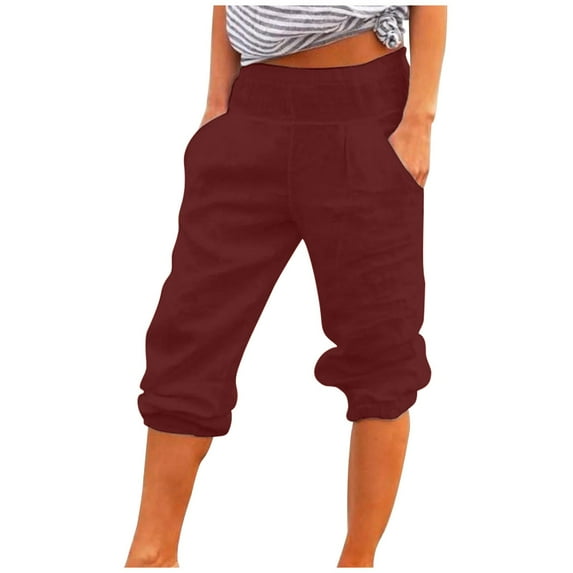 QUYUON Womens Linen Capris and Cropped Pants Ladies Capris with Elastic Waist Casual Summer Loose Straight Leg Crop Pants Female High Waisted Capris Modern Cropped Pants, Style P297 Red XXL