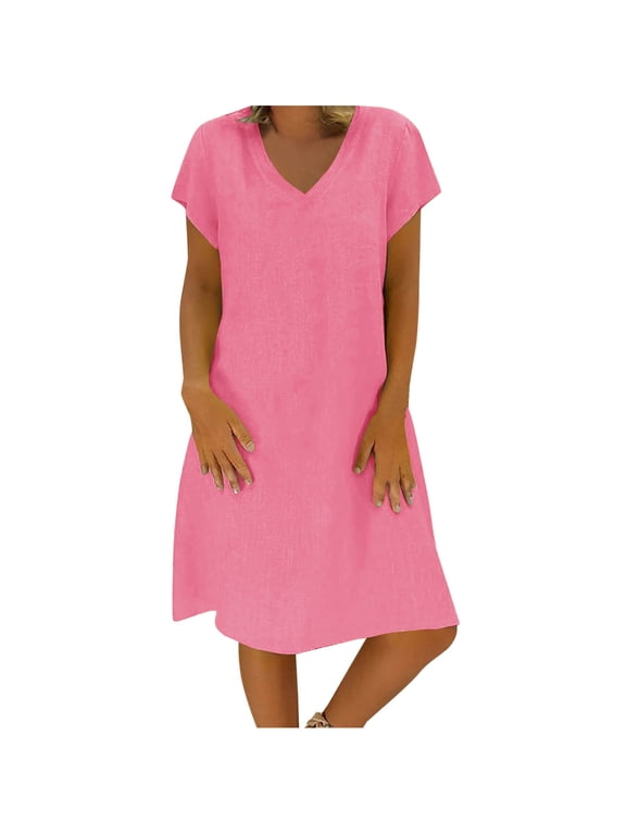 Womens Linen Dress Summer V-Neck Short Sleeve Tunic Dress Solid Color Casual Loose A-Line Knee Length Dress Beach T-Shirt Sundress Pink_B XXL