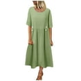 thumbnail image 1 of QUYUON Womens Linen Midi Dress Women Summer Casual Short Sleeve Round Neck Beach Dresses Female Solid Color Pleated A-Line Long Dress Loose Flowy Wedding Guest Dress Style D-6096 Green XL, 1 of 6