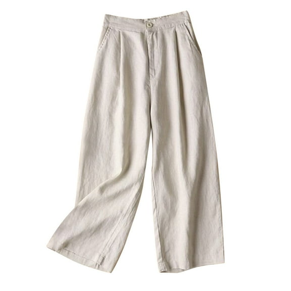 QUYUON Womens Linen Pants Sale Solid Color Casual Button Cotton Linen Straight Cropped Pants Pajama Pants Women Long Pant Leg Length Workwear Style P4072 Beige M