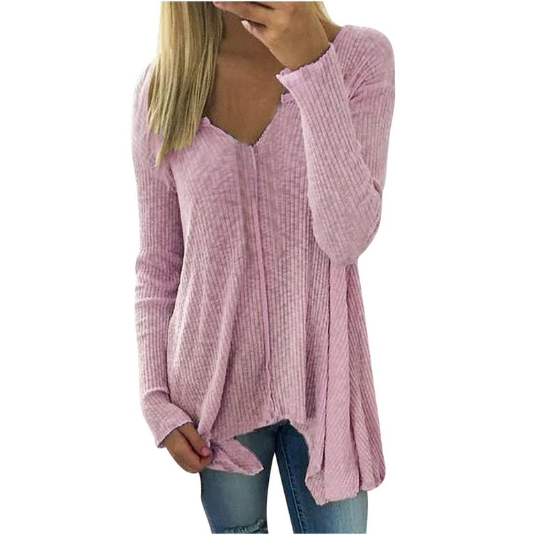 QUYUON Womens Long Sweaters for Leggings Casual Long Sleeve V Neck Tunic  Sweaters Asymmetric Pullover Jumper Tops Winter Warm Knitted Sweatshirts  Fall Sweaters Blouse Shirts Pink XXXL 