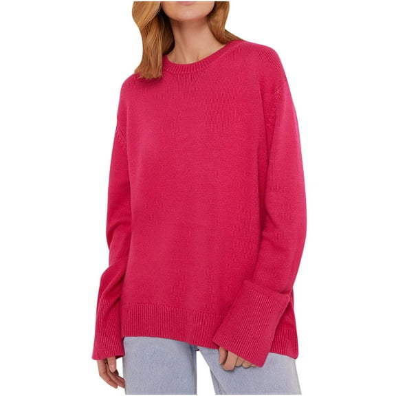 QUYUON Womens Long Sweaters for Leggings Pullover Sweaters Women Causal Long Sleeve Crew Neck Knitted Sweatshirts Women's Solid Knit Jumper Tops Loose Tunic Sweaters Winter Warm Shirts Hot Pink S
