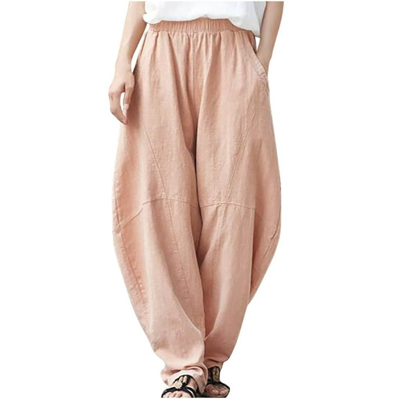 QUYUON Womens Lounge Pants Casual Loose Pocket Pants Fashion Playsuit Trousers Overalls Cotton and Linen Pants Wide Leg Pants Long Pant Leg Length Jegging Pant Style N-160 Orange S