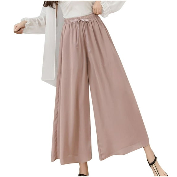 QUYUON Womens Lounge Pants Chiffon Wide Leg Pants Plus Size Loose Casual Pants Skirt Pants Women Wide Leg Pants Long Pant Leg Length Joggers Pant Style N-6824 Pink 3XL