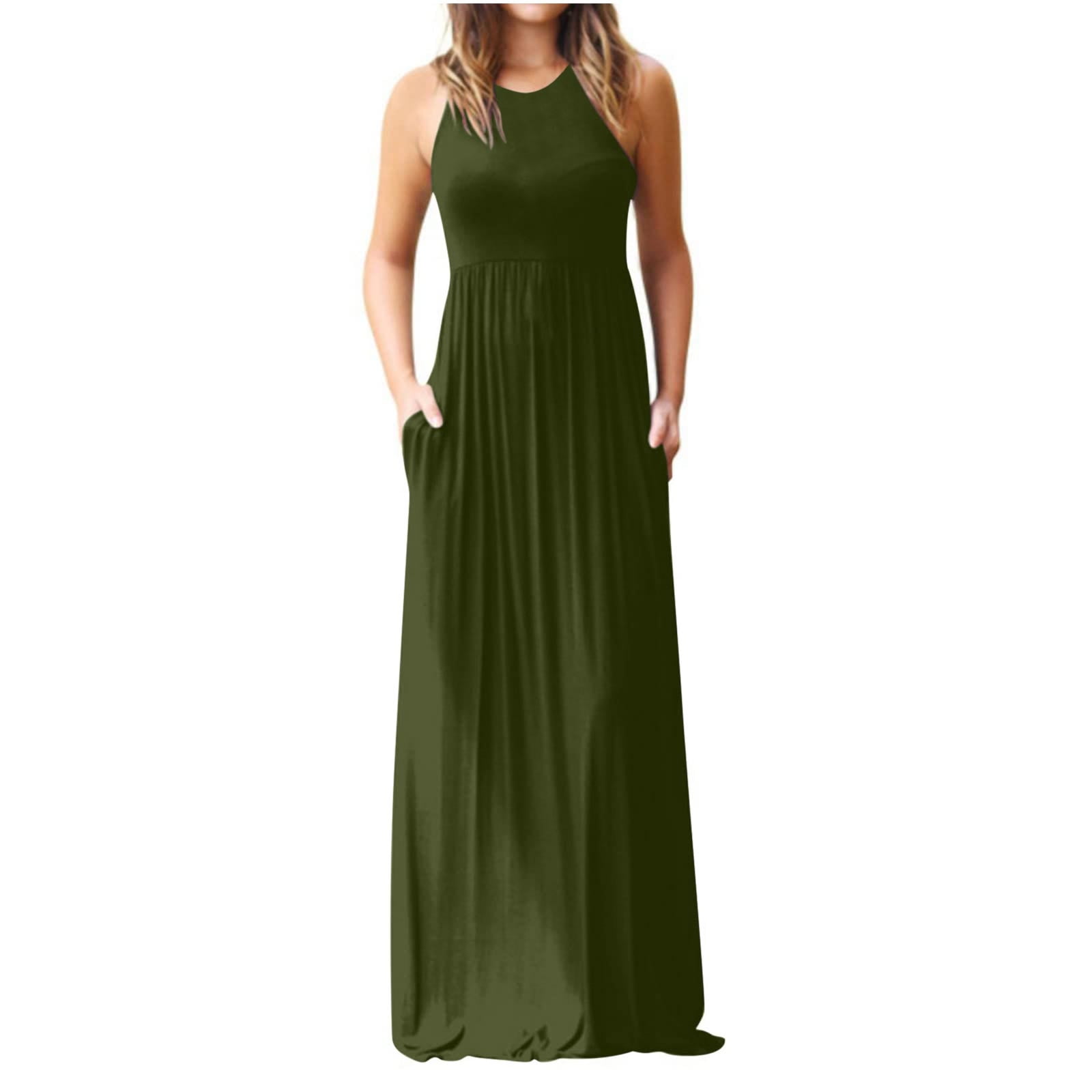 QUYUON Womens Maxi Dresses with Pockets Summer Sleeveless Crew Neck ...