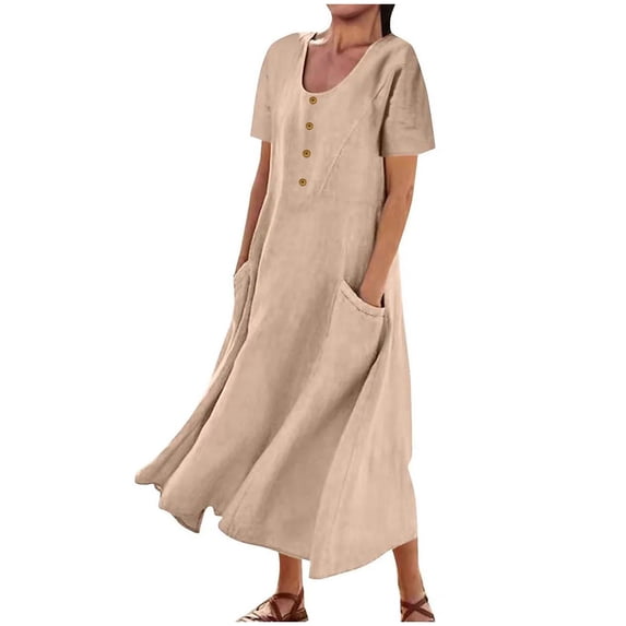 QUYUON Womens Midi Dresses with Pockets Summer Casual Short Sleeve Round Neck Beach Sundress Button Up Loose Flowy A-Line Tunic Long Dress Evening Party Dress Style D-4752 Khaki S