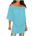 thumbnail image 1 of QUYUON Womens Off the Shoulder Bodycon Dress Flounce Ruffle Hem Short Sleeve Tube Tops Dress Club Party Mini Short Dress Business Casual Work Pencil Dress Style D-4207 Sky Blue XXL, 1 of 6