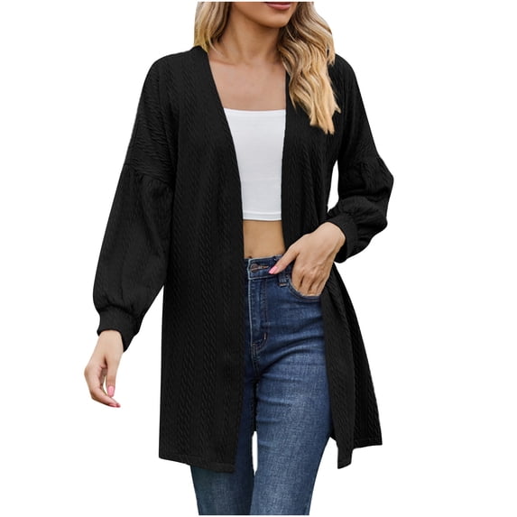QUYUON Womens Open Front Cardigan Deals Long Sleeve Women Cardigan Sweaters for Fall Polyester Womens Open Front Cardigan Cardigan Jacket Style Q-4231 Fall Cardigan Sweater Outerwear Coat Black S
