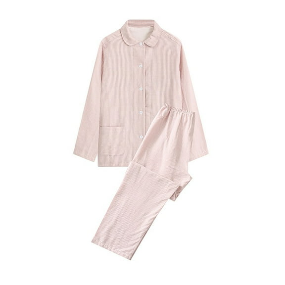 QUYUON Womens Pajama Set Striped Print Button-Down Long Sleeve Tops Blouse Shirts with Pockets Elastic Waist Long Pants Sleepwear Pjs Set Two Piece Outfits Lounge Wear Pink-D L