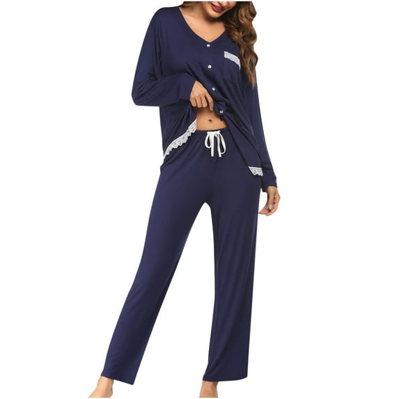 QUYUON Womens Pajama Sets 2 Piece Outfits Button-Down Blouse Shirts Drawstring Elastic Waist Long Pants Sets Solid Color Two Piece Pjs Sets Sleepwear Nightwear Pullover Sweatshirts Navy XXL