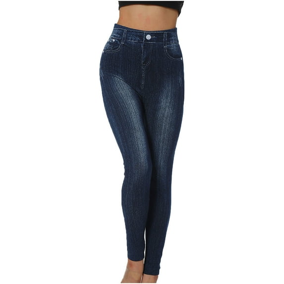 QUYUON Womens Pants Casual Denim Printed Leggings Capris High Waisted Elastic Pencil Pants Women Scrub Pants Long Pant Leg Length Jegging Pant Style N-2452 Dark Blue L