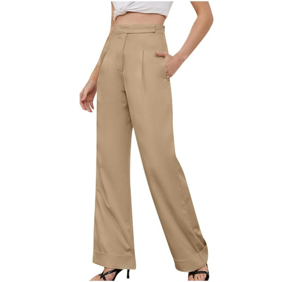 QUYUON Womens Pants Casual Solid Color Dressy Pants Straight Tube High Waisted Dressy Pants Wide Leg Pants Woman Pants Long Pant Leg Length Jegging Pant Style N-3034 Khaki XL