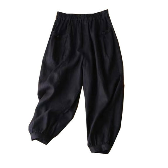 QUYUON Womens Pants Elastic Waist Fashion Women Plus Size Drawstring Casual Solid Elastic Waist Pocket Loose Pants Women Capris Pants Long Pant Leg Length Jegging Pant Style N-3694 Black XL