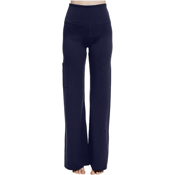 QUYUON Womens Pants Elastic Waist Loose High Waist Wide Leg Pants Workout Out Leggings Casual Trousers Yoga Pants Women Capris Pants Long Pant Leg Length Joggers Pant Style N-1076 Navy S