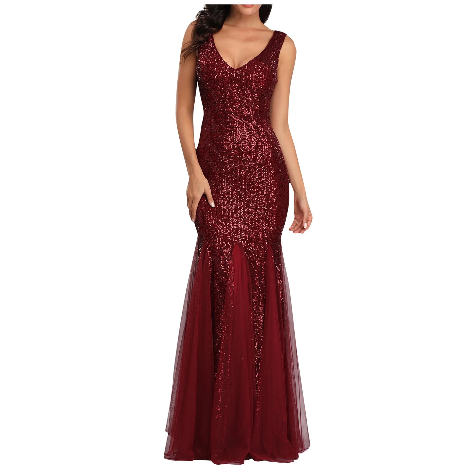 QUYUON Womens Party Evening Maxi Dress Sequins Fishtail Dress Evening ...