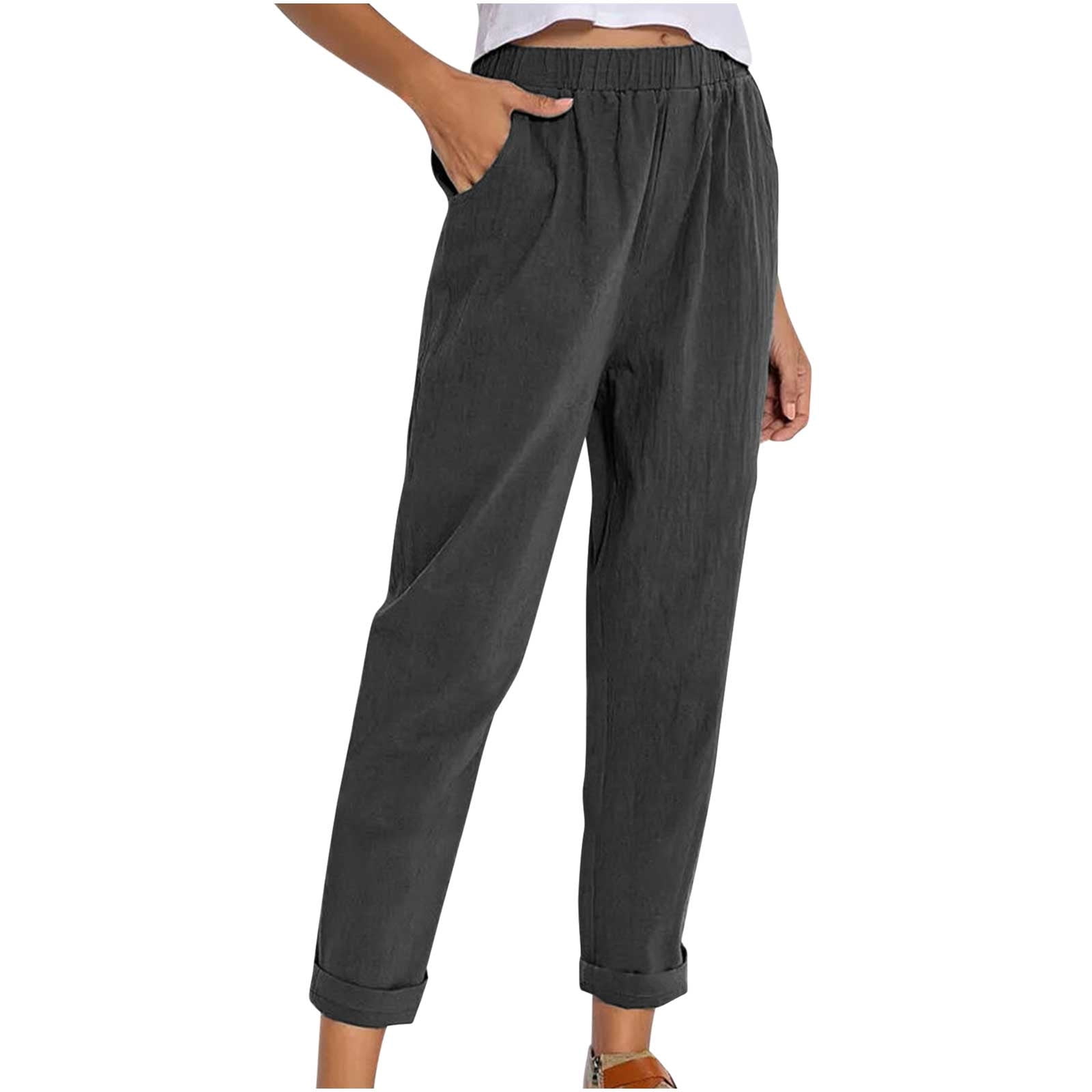 QUYUON Pants for Women Discount Casual Solid Color Pockets Buttons Elastic  Waist Comfortable Straight Pants Fishing Pants Long Pant Leg Length Dressy