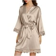 thumbnail image 1 of QUYUON Womens Satin Robe Silk Kimono Bathrobe Bridesmaid Wedding Bridal Party Robes Women 3/4 Sleeve Lace Trim V Neck Pajamas Short Nightgown Lingerie Sleepwear with Belted Khaki-C L, 1 of 8