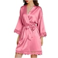 thumbnail image 1 of QUYUON Womens Satin Robes Bride Bridesmaid Lace Trim V Neck 3/4 Sleeve Short Silk Wedding Party Lightweight Bathrobe with Belted Soft Sleepwear Nightgown Lingerie Pajamas Nightwear Pink-E L, 1 of 8