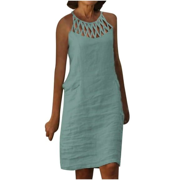 QUYUON Womens Short White Dress Summer Hollow Out Crew Neck Sleeveless Tank Dress Casual Loose Linen Knee Length Dress A-Line Tunic Dress Beach Sundress Green_D S