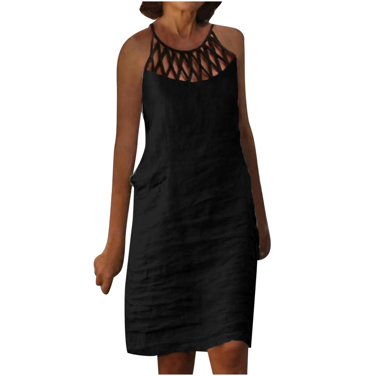 Women's Summer Linen Cotton Dress - Knee Length V-Neck T-Shirt Style