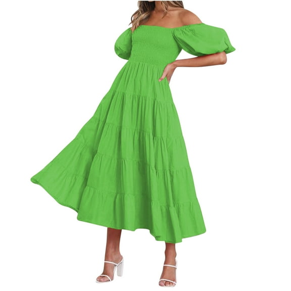 QUYUON Womens Off the Shoulder Midi Dresses Summer Off Shoulder Puff Short Sleeve Solid Color Casual Flowy Loose A Line Dress Ruffle Tiered Long Dresses Beach Vacation Sundress Style D-8287 Green L