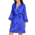 thumbnail image 1 of QUYUON Womens Silk Robes Bride Bridesmaid Kimono Satin Bathrobe Lace Trim V Neck Sleepwear with 3/4 Sleeve Pajamas Short Nightgown Lingerie for Women Nightwear Blue-B L, 1 of 8