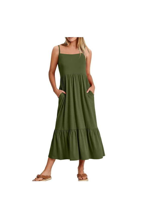 Womens Spaghetti Strap Midi Dress with Pockets Summer Sleeveless Square Neck Tank Dresses Pleated A-Line Ruffle Hem Flowy Loose Casual Beach Dresses Tshirt Mid-Length Dress Army Green-A M