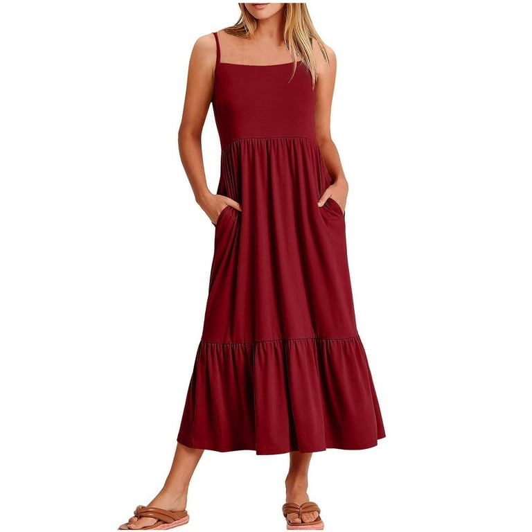 Quyuon Womens Spaghetti Strap Midi Dress with Pockets Summer Sleeveless Square Neck Tank Dresses Pleated A-Line Ruffle Hem Flowy Loose Casual Beach