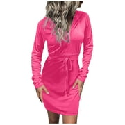 QUYUON Womens Special Occasion Dresses Clearance Hooded Dress Wrap Bodycon Dress Long Sleeve Dress Women Midi Dresses V-Neck Midi Cocktail Dress Style D-14352 Pink M