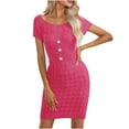 thumbnail image 1 of QUYUON Womens Summer Knitted Sweater Dress Solid Color Round Neck Short Sleeve Ribbed Knit Bodycon Pencil Dresses Button Business Casual Work Knee Length Club Dress Style D-4802 Hot Pink M, 1 of 8