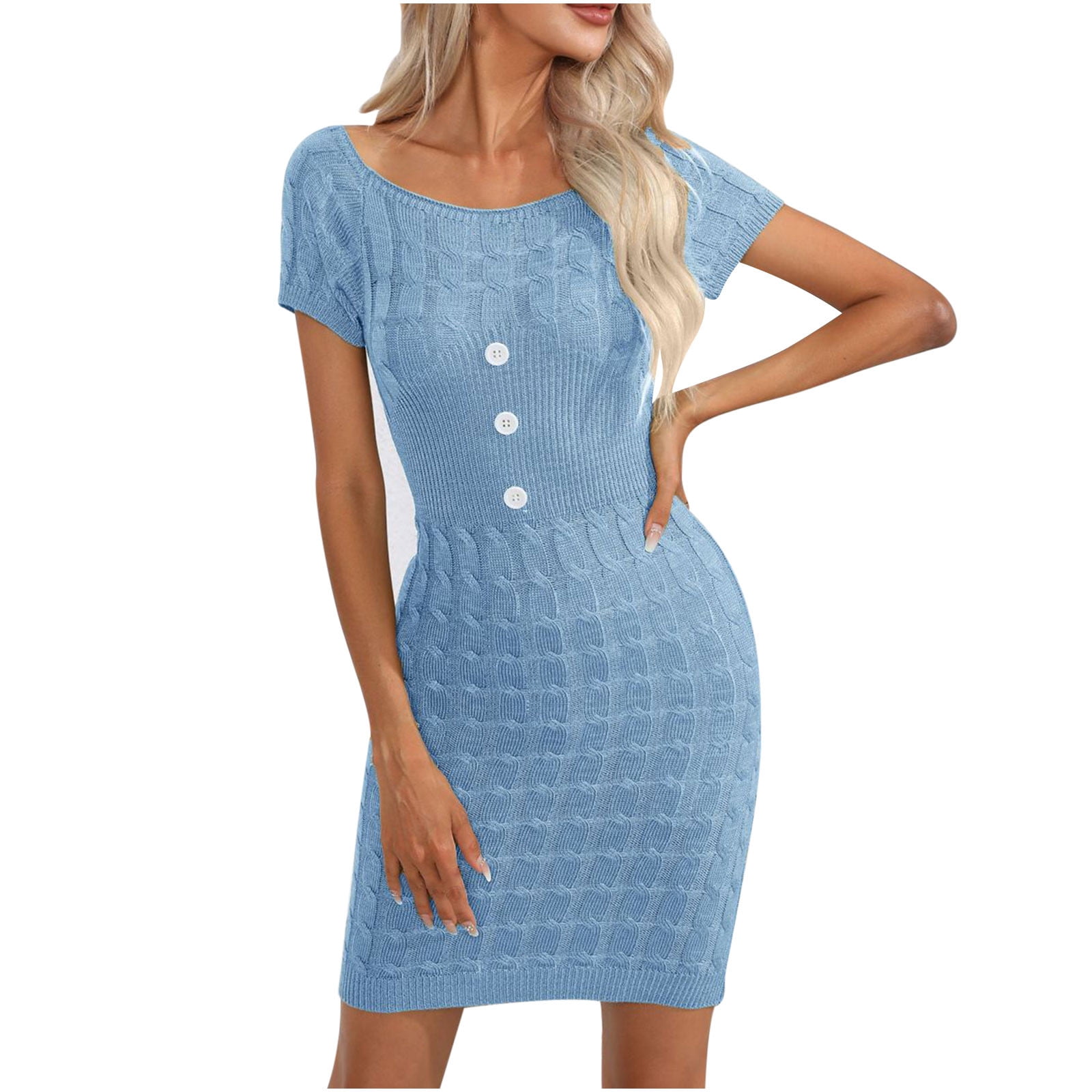 QUYUON Womens Summer Knitted Sweater Dress Solid Color Round QUYUON Womens Summer Knitted Sweater Dress Solid Color Round