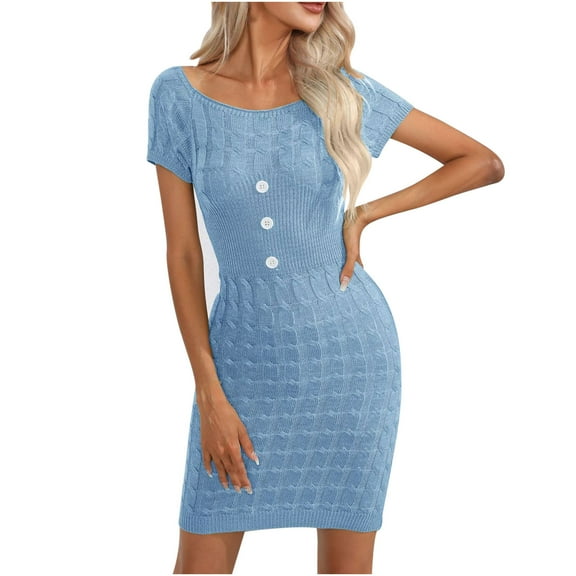 QUYUON Womens Summer Knitted Sweater Dress Solid Color Round Neck Short Sleeve Ribbed Knit Bodycon Pencil Dresses Button Business Casual Work Knee Length Club Dress Style D-4796 Light Blue XL