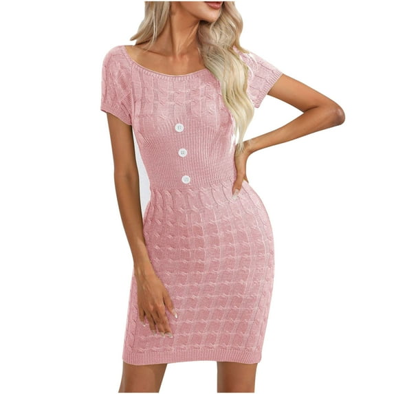 QUYUON Womens Summer Knitted Sweater Dress Solid Color Round Neck Short Sleeve Ribbed Knit Bodycon Pencil Dresses Button Business Casual Work Knee Length Club Dress Style D-4797 Pink S