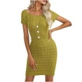 thumbnail image 1 of QUYUON Womens Summer Knitted Sweater Dress Solid Color Round Neck Short Sleeve Ribbed Knit Bodycon Pencil Dresses Button Business Casual Work Knee Length Club Dress Style D-4805 Green S, 1 of 9