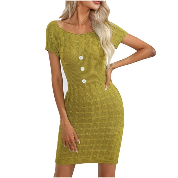 QUYUON Womens Summer Knitted Sweater Dress Solid Color Round Neck Short Sleeve Ribbed Knit Bodycon Pencil Dresses Button Business Casual Work Knee Length Club Dress Style D-4805 Green S