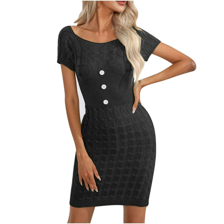 3/4 Sleeve Knitting Round Neck High Waist Skater Dresses 3/4 Sleeve Knitting Round Neck High Waist Skater Dresses