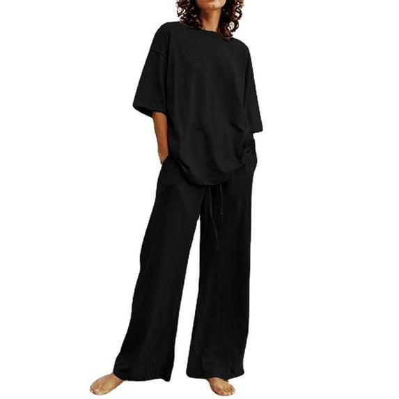 QUYUON Womens Summer Linen Pants Sets 2 Piece Outfits Summer Short Sleeve Crew Neck Tops Elastic Waist Long Pants Two Piece Set Loose Casual Trousers Pants Sets Loungewear Black XL