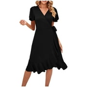 QUYUON Womens Summer Wrap Midi Dress Formal Wedding Guest Dresses V Neck Short Sleeve Beach Sundress Loose Casual Flowy Ruffle Hem Side Tie Knot A-Line Mid-Length Dress Style D-8029 Khaki S